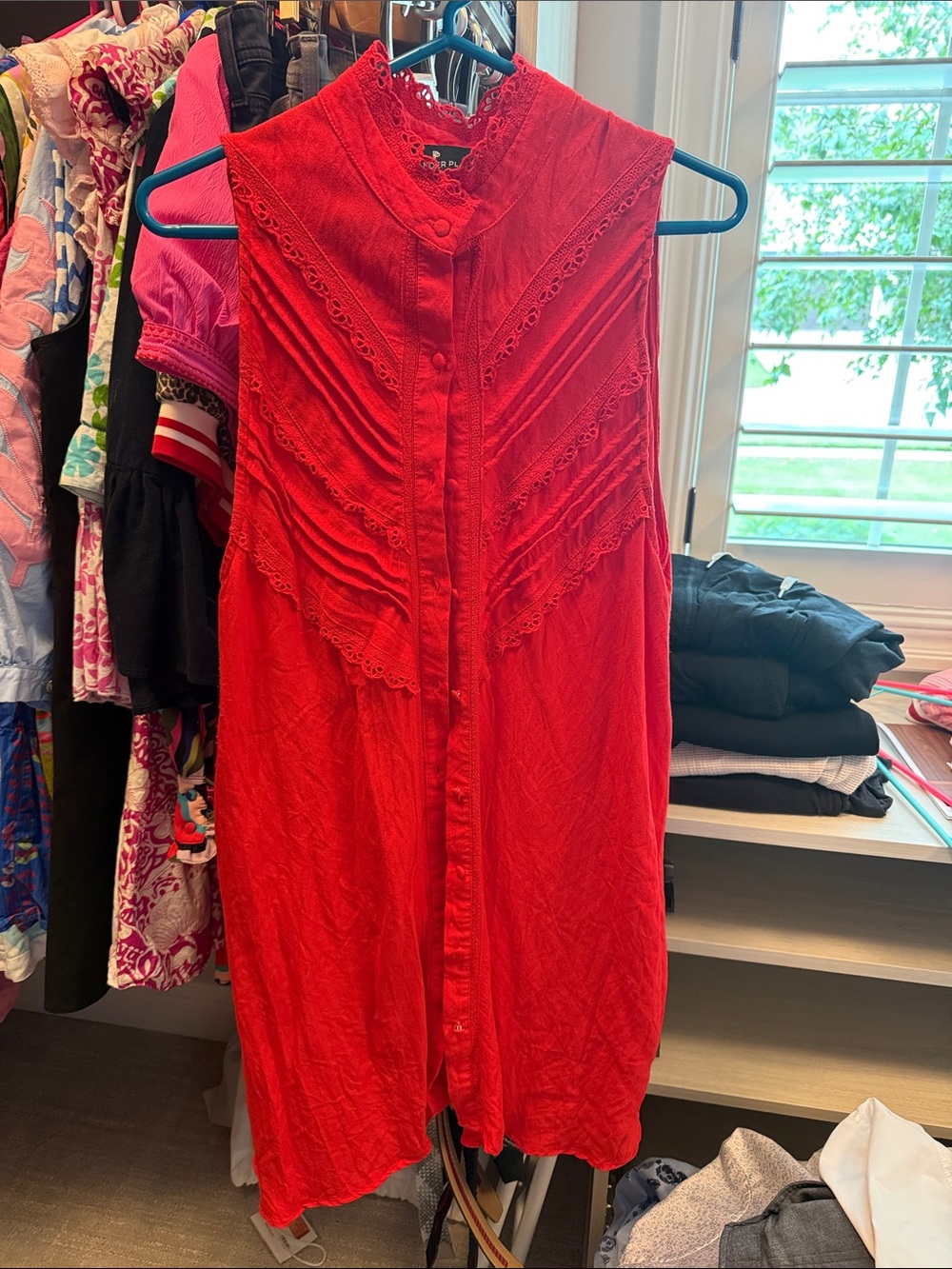 Pomander Place Red Sleeveless Lace-Trim Button-Front Midi Dress